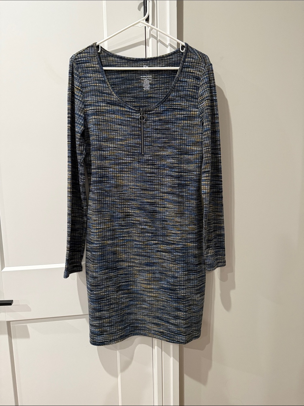 SO Blue Multi Ribbed Long Sleeve Dress with Front Zip